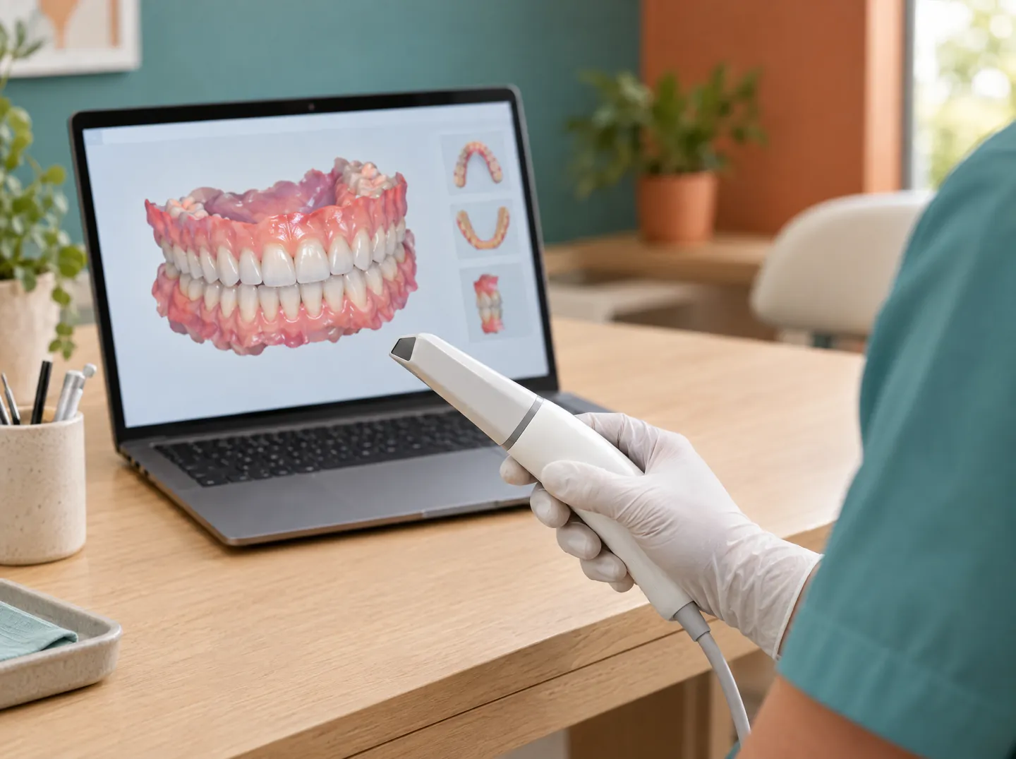 Escáner intraoral 3D y modelo digital de los dientes en un portátil